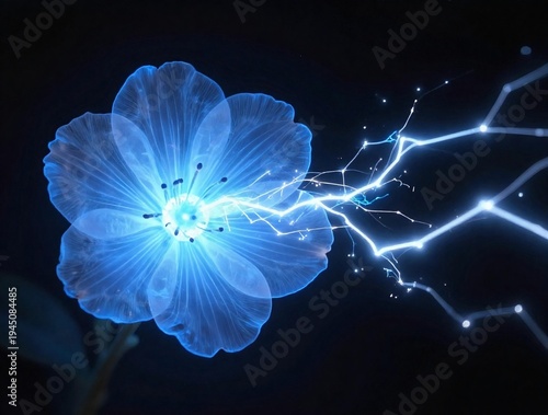 A glowing blue jellyfish floats gracefully in the dark ocean water, creating a fractal pattern of light and energy like a marine plasma ball in the deep underwater nature of a black sea a