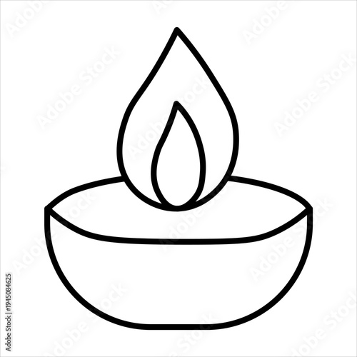Simple line art drawing of a traditional Indian oil lamp or diya with a burning flame, symbolizing light and celebration.