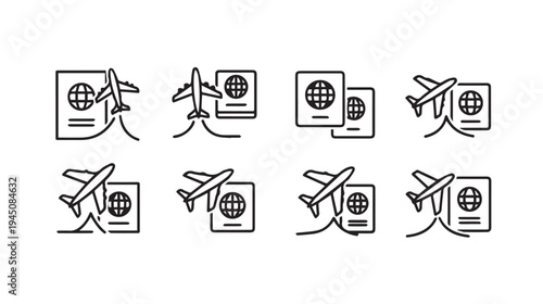 Airplane and Passport Icons Set Travel Concept Minimalist Line Art