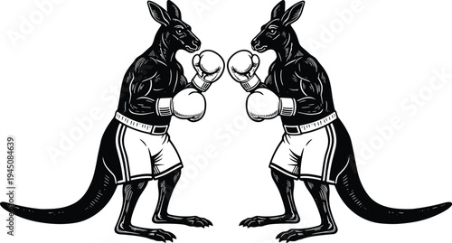 Boxing kangaroo fighters facing each other vintage engraving style vector illustration animal sport mascot emblem logo design