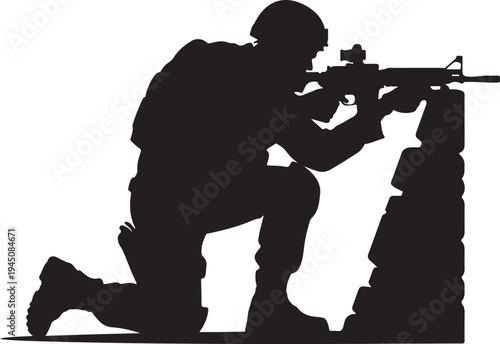Black silhouette of soldier kneeling and aiming rifle behind barricade