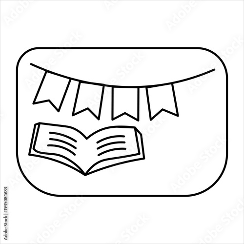 Line art illustration of an open book with decorative party flags hanging above it, all enclosed in a rounded rectangle.