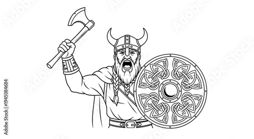 Fierce Viking Warrior with Axe and Shield, Ancient Norse Warrior, Scandinavian Mythology