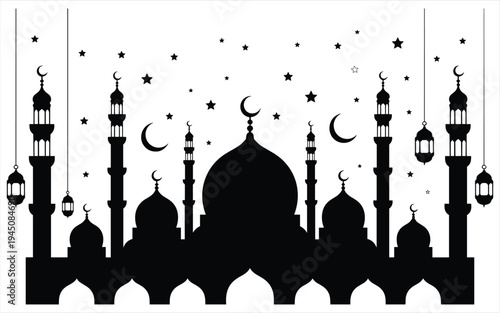 Black silhouette of mosque with minarets and crescent moons