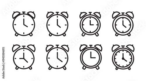 Alarm Clock Icons Set Collection Different Time Pieces Simple Line Art