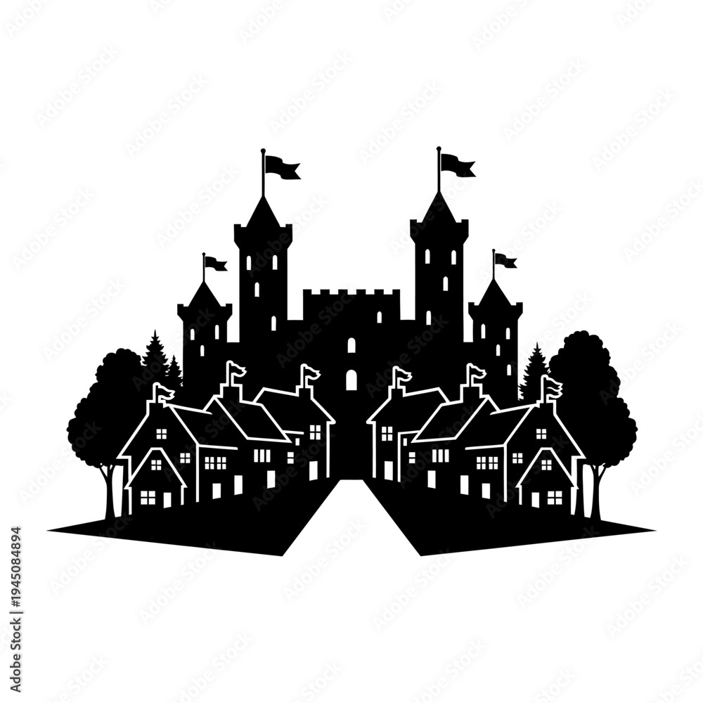 Fototapeta premium Black silhouette illustration of a castle and village on white background