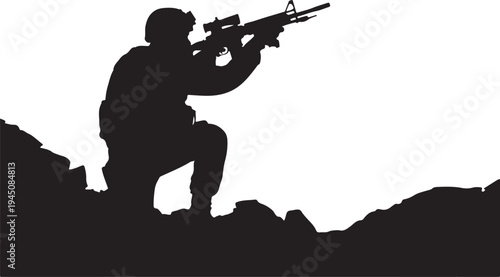 Black silhouette of soldier kneeling and aiming rifle on rocky outcrop