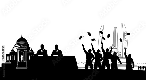 Graduation Celebration: Students Toss Caps in Air Before Government Building