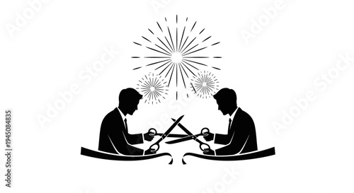 Grand Opening Ceremony: Two Businessmen Cut Ribbon with Fireworks