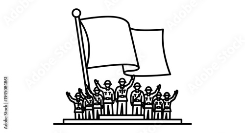 Group of soldiers raising a flag on a platform, symbol of victory and unity
