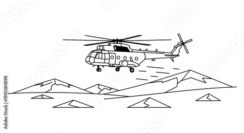 Helicopter flying over mountains, military transport, aerial view, black and white sketch