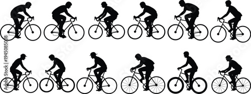 Silhouettes of cyclists in motion on a white background bicycle cycling