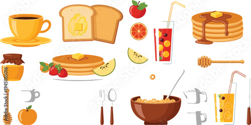 Breakfast food and drink collection with pancakes, toast bread, coffee cup, cereal bowl, fresh juice, honey dipper and fruit morning meal vector illustration