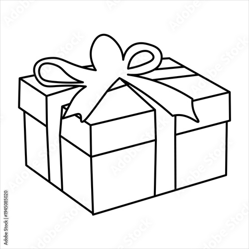 Simple black and white line art illustration of a wrapped gift box with a decorative bow on top, perfect for celebrations.