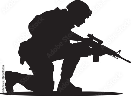 Black silhouette of soldier kneeling with rifle