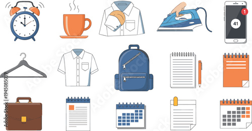 Daily work routine and office preparation icon set with alarm clock, coffee cup, shirt ironing, backpack, calendar planner and business briefcase vector illustration