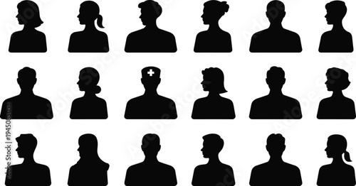 Silhouettes of diverse human profiles on a white background head shoulders