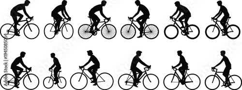 Silhouettes of cyclists in motion on a white background bicycle cycling