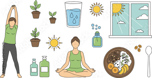 Healthy lifestyle and wellness routine icon set with yoga meditation, stretching exercise, sunlight, water glass, plants, vitamins and nutritious breakfast bowl vector illustration