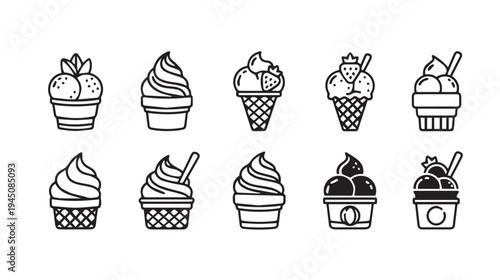Assorted Ice Cream Cone and Cup Icons Simple Line Art Vector Illustration
