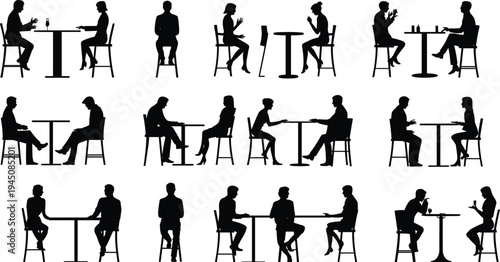 Silhouettes of People Sitting at Tables in Cafes or Restaurants on White Background woman couple