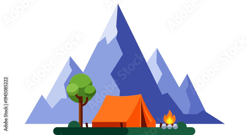 Camping in the mountains with a tent and campfire.