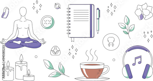 Self care and mindfulness routine icon set with meditation, journal notebook, herbal tea, candles, headphones music and wellness lifestyle vector illustration
