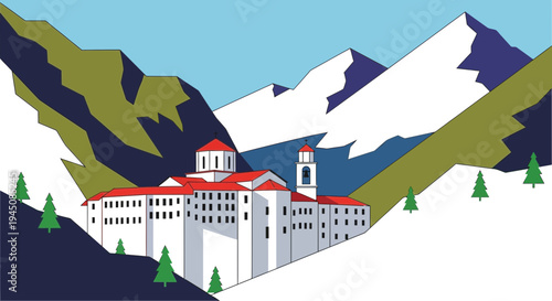 Grand Monastery Building in Snowy Mountain Landscape.