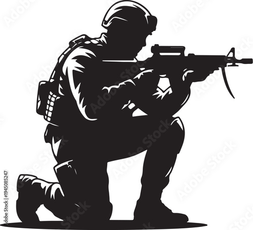 Black silhouette of soldier kneeling with rifle