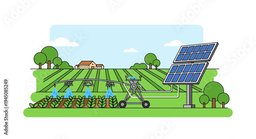 Solar-powered irrigation system watering crops in a field.