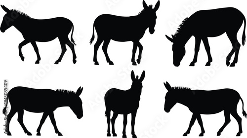 Six Black Silhouette Donkey Poses on White Background illustration untitled