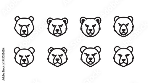 Bear Head Icons Set Minimalist Line Art Vector Graphics Animal Faces Collection