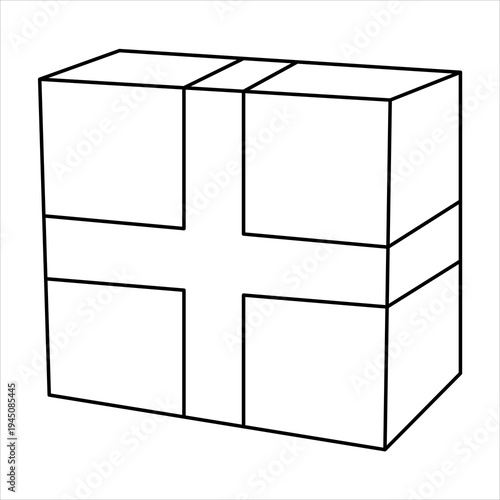 Simple black and white line drawing of a rectangular box tied with a cross-shaped ribbon or tape, viewed from an isometric perspective.