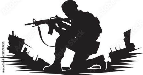 Black silhouette of soldier kneeling with rifle amidst rubble