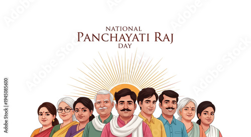 Illustration of diverse people celebrating National Panchayati Raj Day with a sunburst design on a white background.