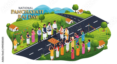 Illustration of people celebrating National Panchayati Raj Day in a rural Indian landscape with a road and green fields.