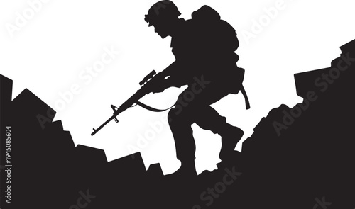 Black silhouette of soldier with backpack and rifle on white