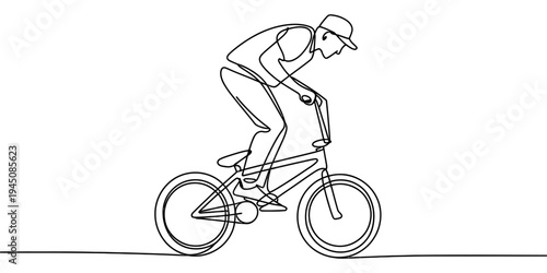 Continuous one line cyclist riding bicycle minimal line art illustration
