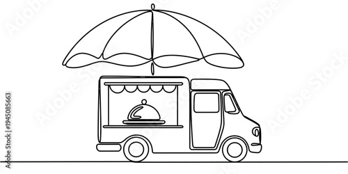 One line food truck street vendor with umbrella continuous drawing