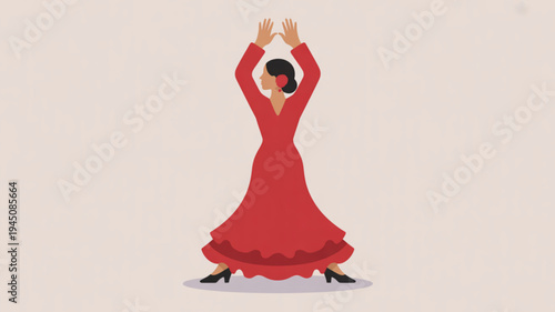 Woman in red dress dancing flamenco with arms raised in elegant pose on beige background