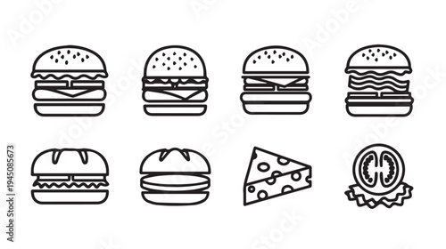 Burger Icons Collection: Various Hamburger Styles Cheese and Tomato SliceLine Art