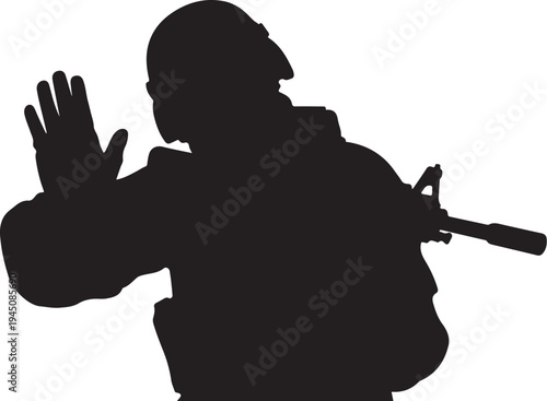 Black silhouette of soldier with gun and hand raised