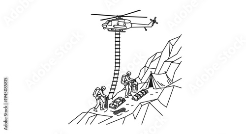 Helicopter rescue operation with ladder and climbers on a steep mountain slope