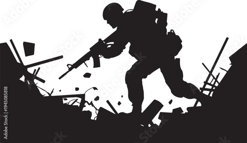 Black silhouette of soldier with rifle running through rubble and