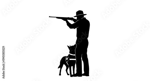 Hunter Silhouette with Dog Aiming Rifle in Field - Outdoor Activity