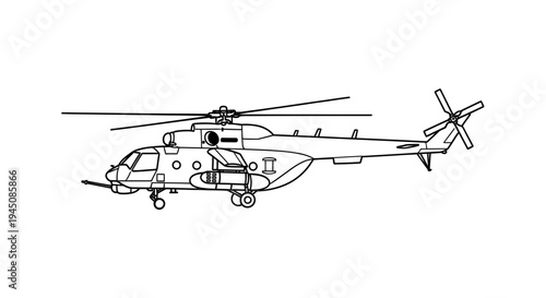 Line Art Drawing of a Military Transport Helicopter, Side View