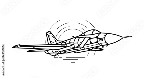 Line Art Fighter Jet Flying, Military Aircraft, Aviation, Speed, Power, Vector Illustration