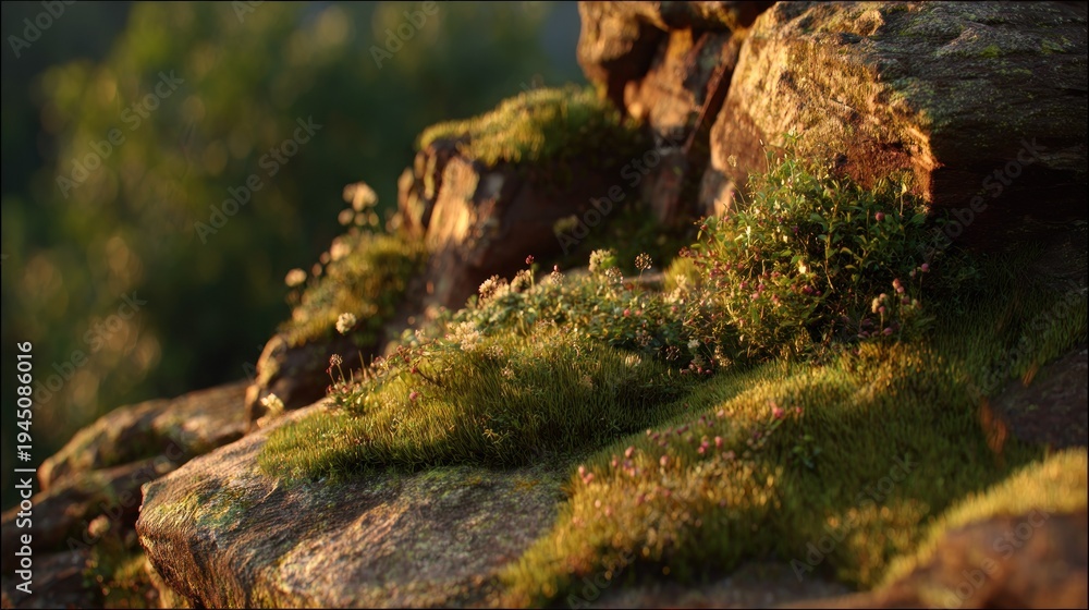 Obraz premium Close up of moss covered rocks with soft sunlight creating a natural scene