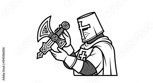 Medieval Knight Templar Holding Ornate Axe, Religious Symbolism, Historical Warrior
