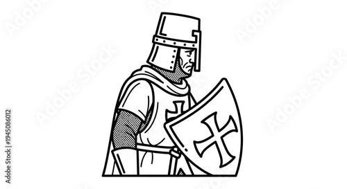 Medieval Knight Templar Warrior with Shield and Helmet, Historical Illustration